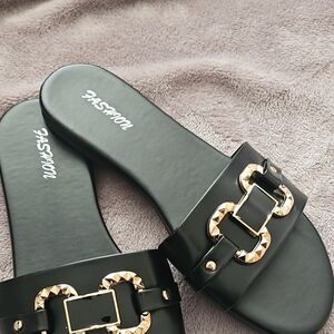 Black Slide Sandals with Gold Accents
